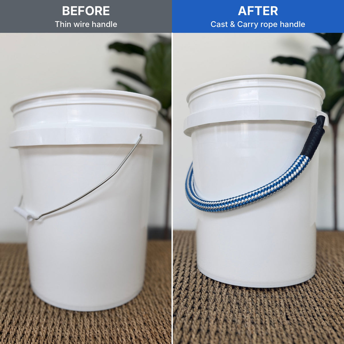 Before and after: thin wire bucket handle vs Cast & Carry rope handle